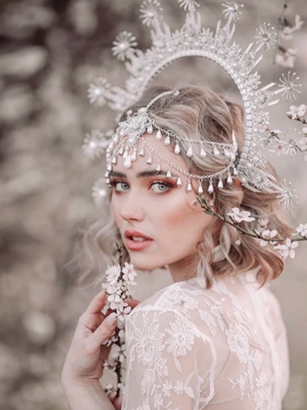 Silver Halo Bridal Headpiece with Dangle Teardrop Accents